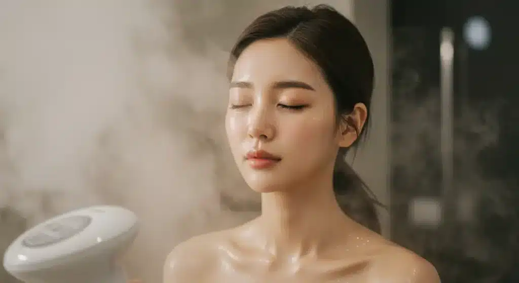 건조한 피부를 위해 보습하는 여성