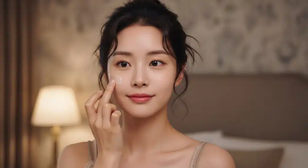 집에서 잠들기 전 피부관리하는 여성