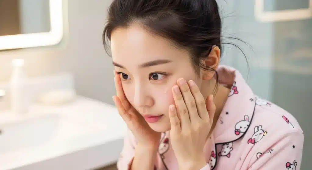 여드름 때문에 걱정인 20대 여성이 거울을 보고있다