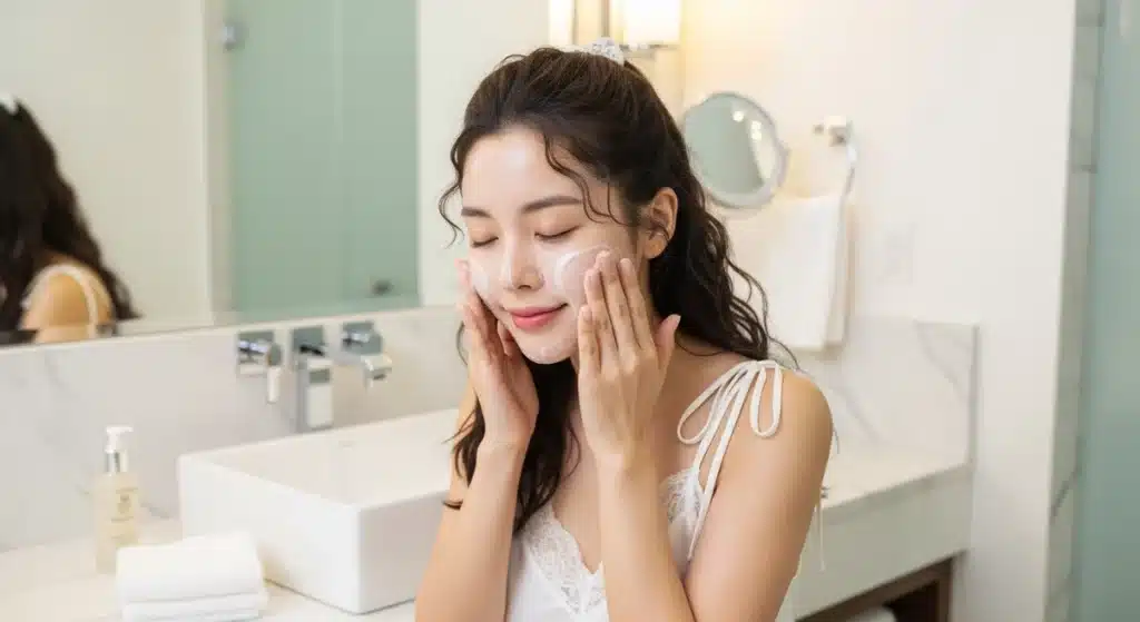 욕실에서 거품으로 클렌징하는 여성