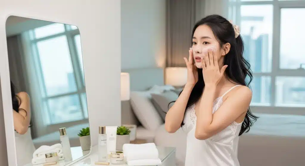 클렌징 폼으로 세안하는 여성 이미지