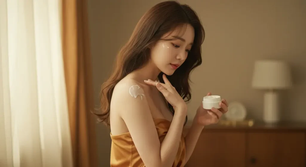 집에서 목주름을 관리하는 여성