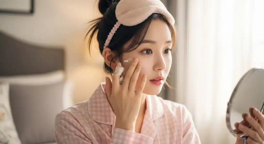 피부 트러블로 걱정하며 집에서 케어중인 여성