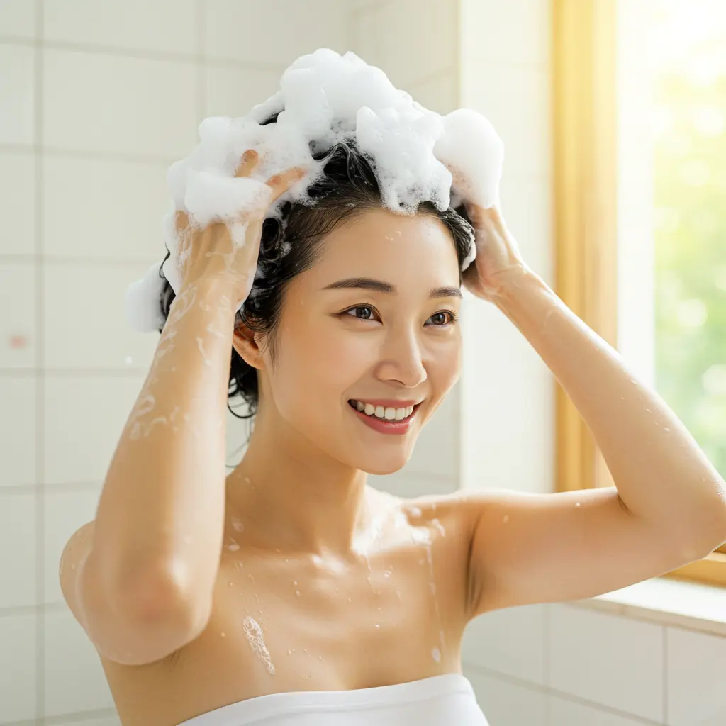탈모 샴푸로 헤어 관리하는 여성 이미지