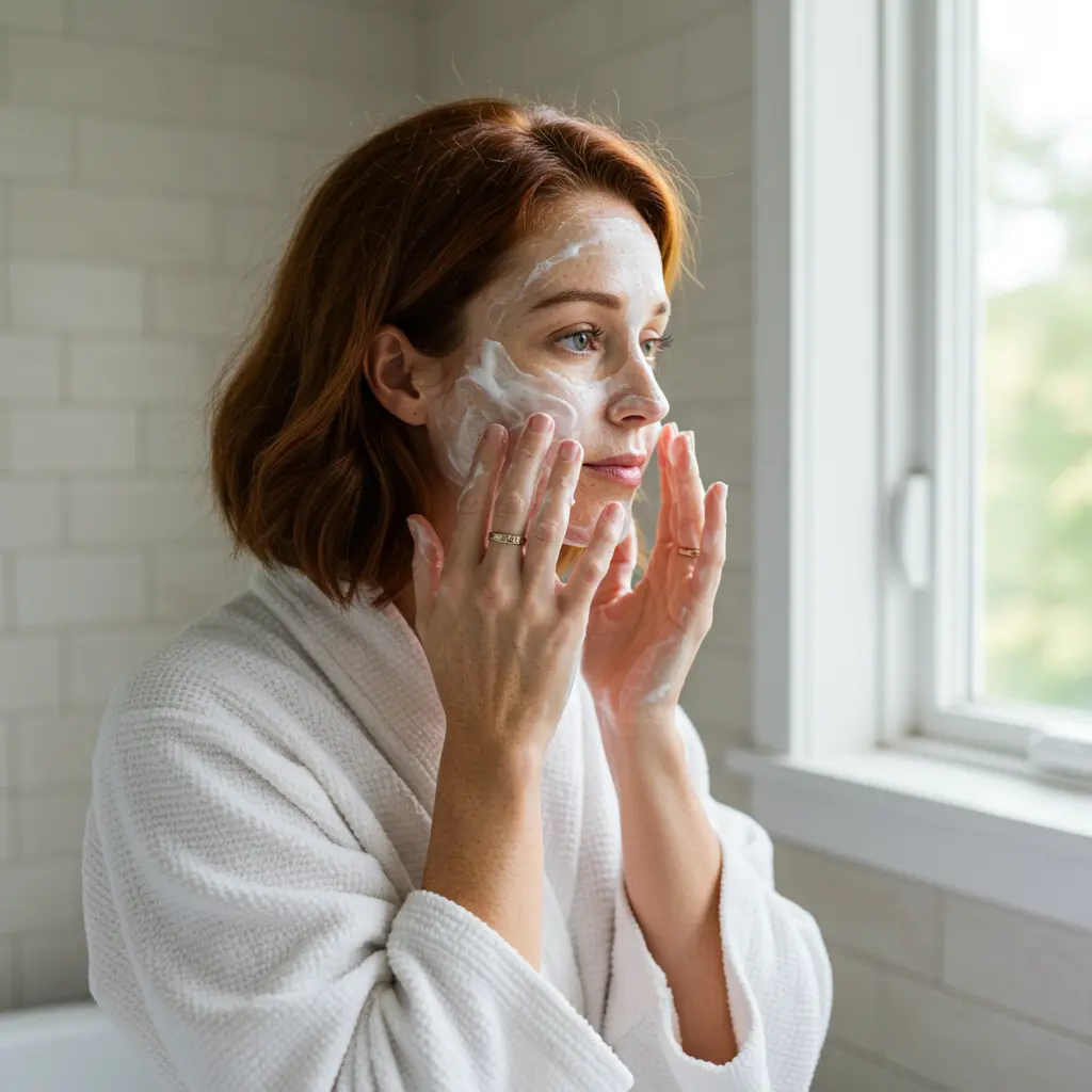 민감성 피부의 여성이 클렌징오일로 세안을 하는 이미지