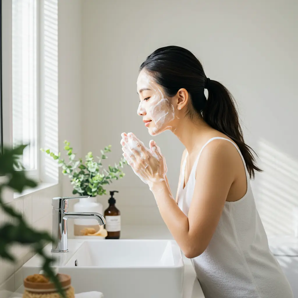 클렌징오일 처음 사용하는 여성이 세안을 하는 이미지