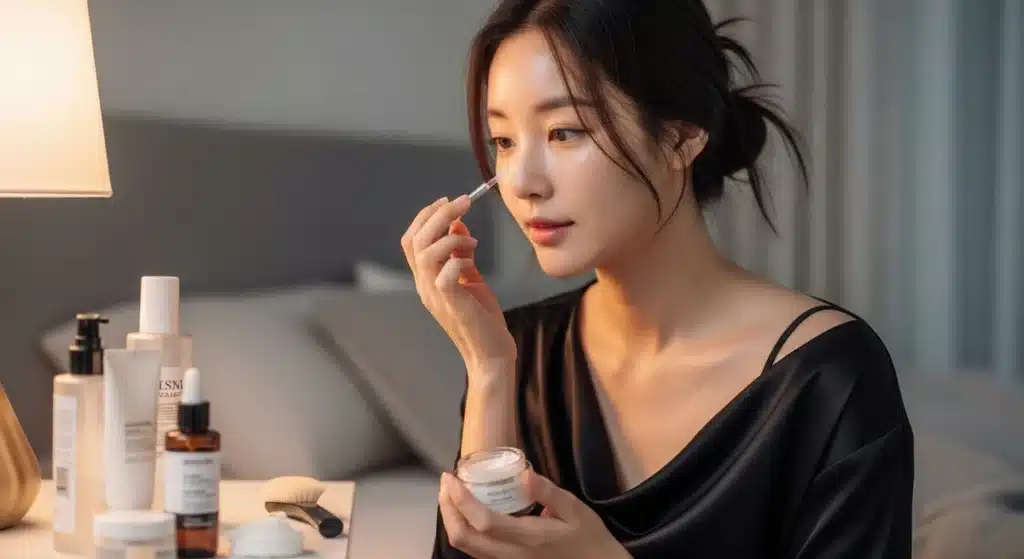 집에서 관리하는 안티에이징 피부관리 하는 여성