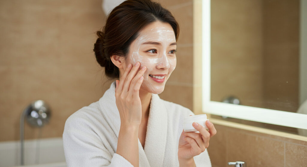 집에서 모공축소 피부관리하는 여성 이미지