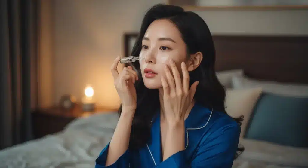 모공을 줄이기 위해서 피부관리하는 여성