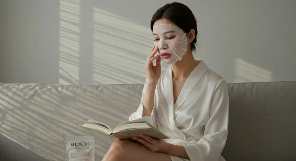 마스크네(마스크 유발 트러블) 즉시 진정법 – 출근 전 10분 솔루션 2 마스크 팩을 하고 침대에 앉아서 책을 보는 여성 이미지