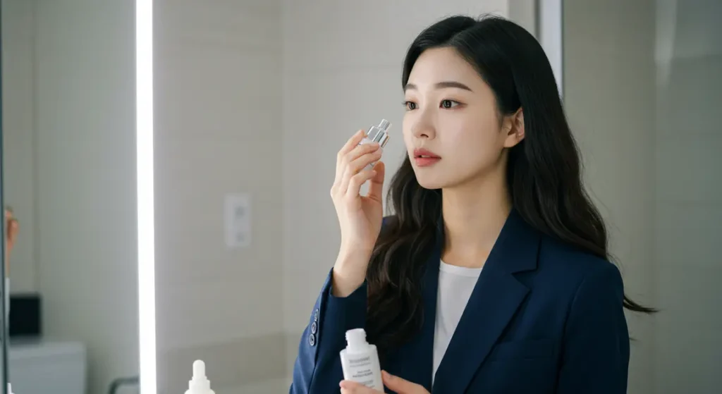 바쁜 직장인이 출근 전 빠르게 피부 관리하는 이미지