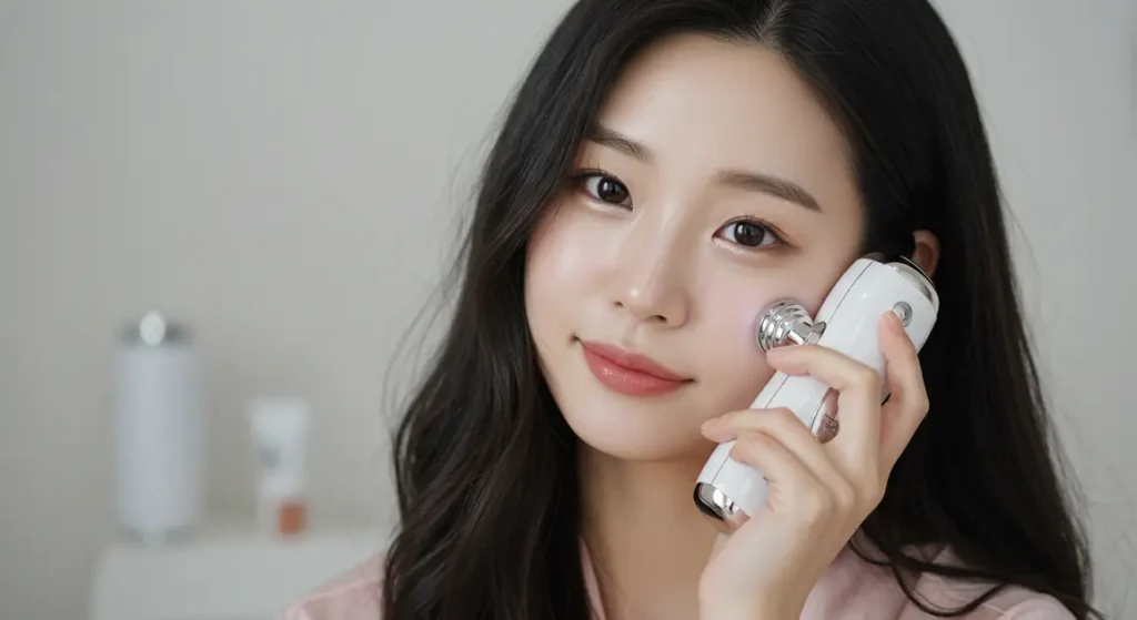 클렌징 디바이스 안전 사용법 – 실리콘 브러시/워터필링 효과와 주의점 2 클랜징 디바이스로 피부관리하는 여성 이미지