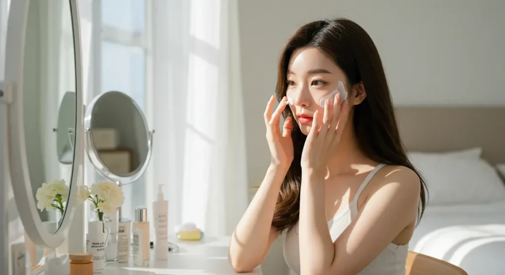 콜라겐으로 피부관리하는 여성 이미지