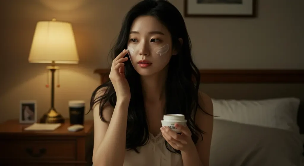 콜라겐으로 피부관리하는 여성 이미지