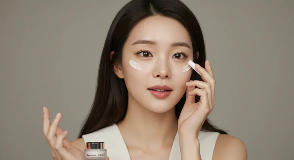 눈가 피부관리를 직접 보여주는 여성 이미지