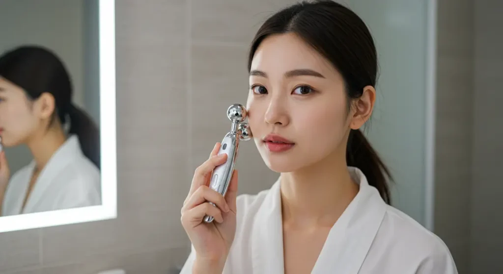 괄사로 얼굴관리하는 여성 이미지