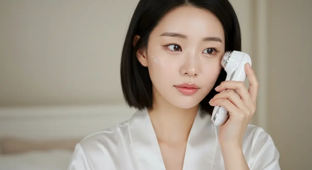 홈케어 디바이스를 사용하여 피부관리 하는 여성