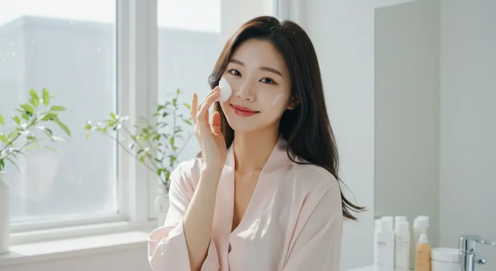 방수 썬크림을 지우는 여성 이미지