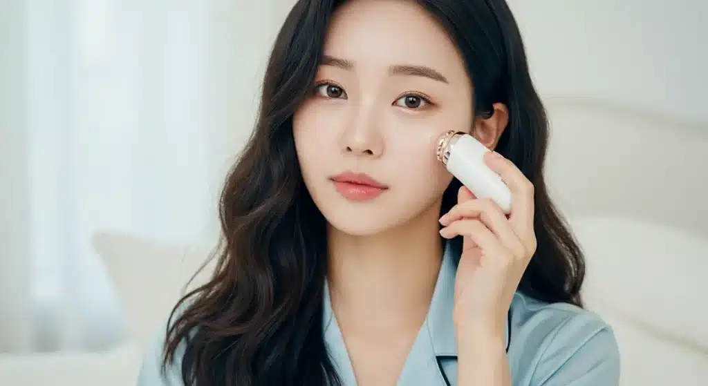 클렌징 디바이스를 사용하여 클렌징하는 여성