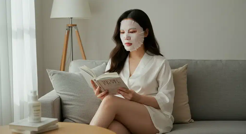 마스크로 피부케어 하는 여성