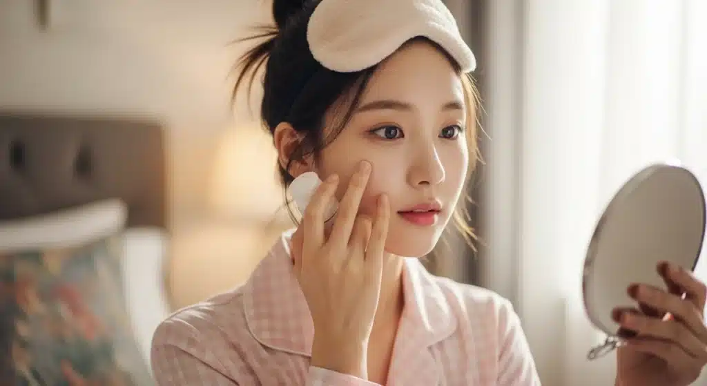 20대 여성이 집에서 피부 클렌징을 하는 모습