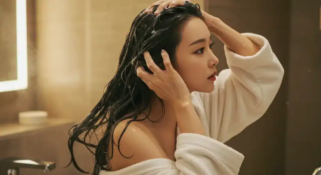 피부과에서 진료받은 후 두피 관리하는 여성