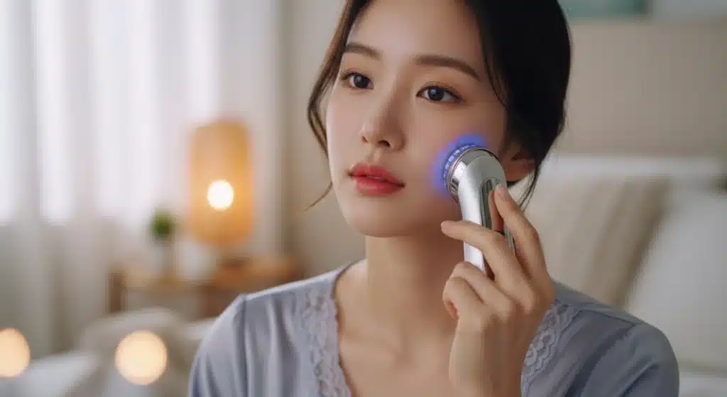 집에서 체크하는 피부 모니터링하는 여성