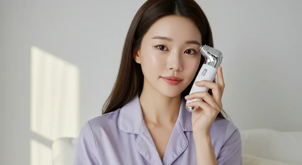 홈케어 디바이스로 피부관리 하는 여성