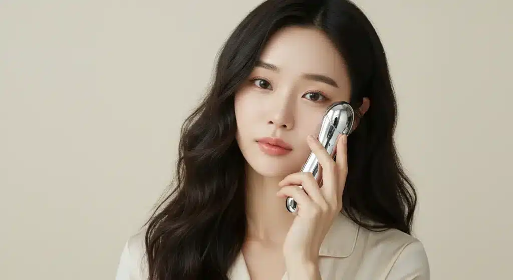 광학센서가 달린 디바이스로 피부 측정하는 여성