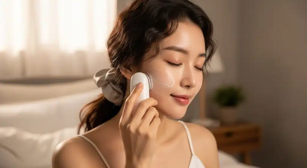 뷰티 디바이스를 아용해 피부관리, 피부체크 하는 여성