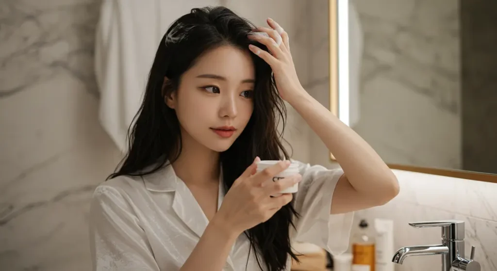 두피 피부관리를 한번에 하는 여성