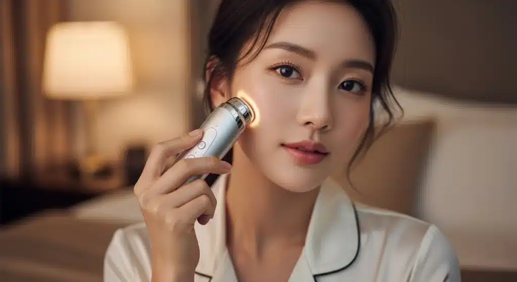 ai 디바이스로 피부관리하는 여성