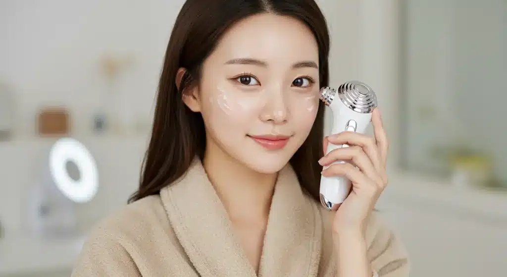 뷰티 디바이스로 피부관리하는 여성