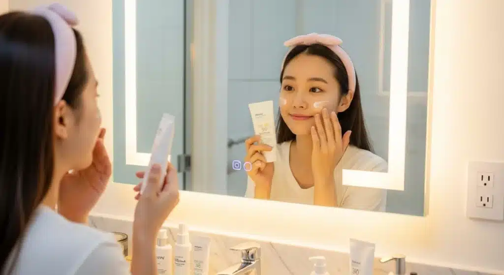 바디로션을 얼굴에 바르는 여성