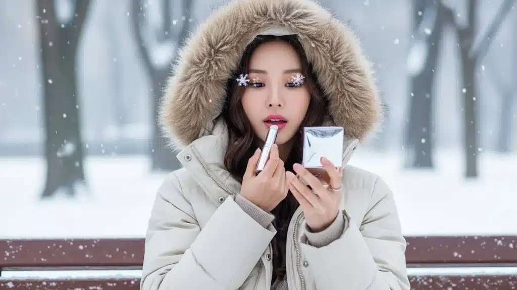 입술각질로 립밤을 바르는 여성