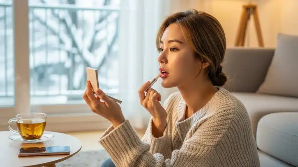 입술각질 제거하는 여성