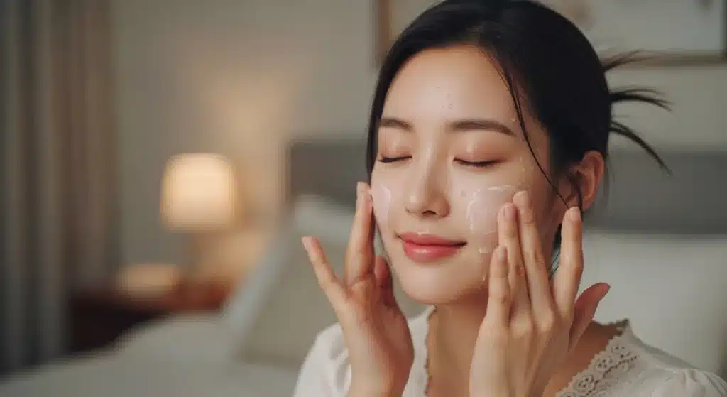 피부요철을 부드럽게 마사지 하는 여성