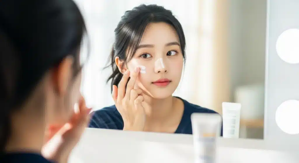 하얀 각질을 위한 필링 패드 사용하는 여성