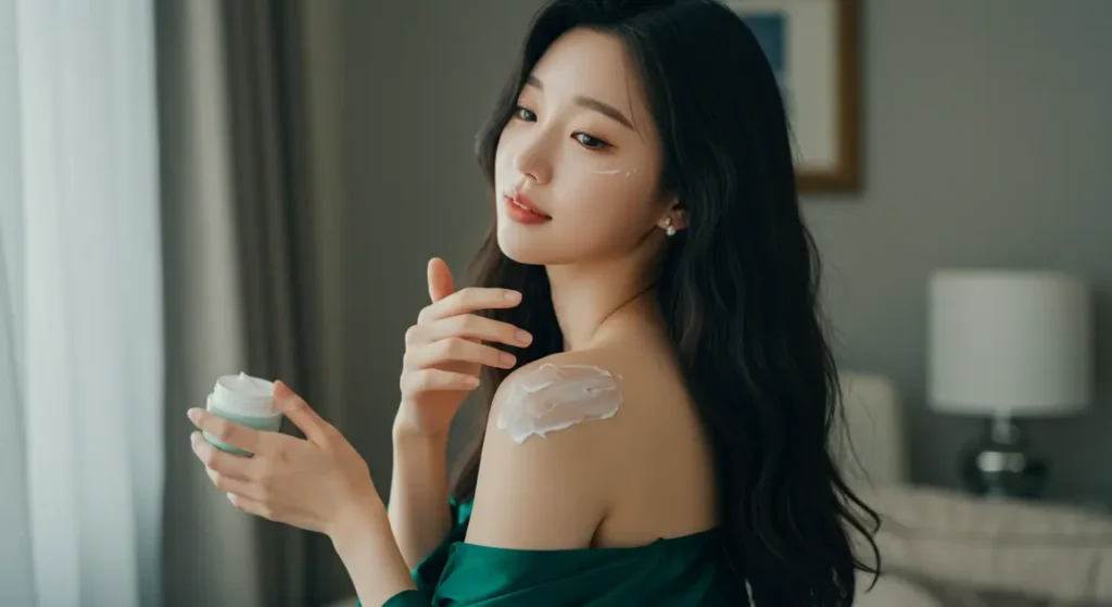 어깨 피부각질 관리하는 여성