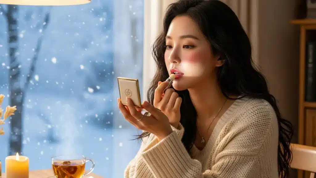 겨울철 집에서 입술관리하는 여성