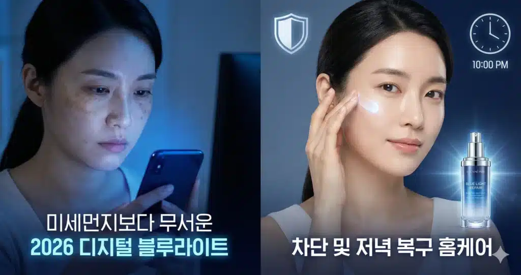 블루라이트로 손상된 피부를 관리하는 여성
